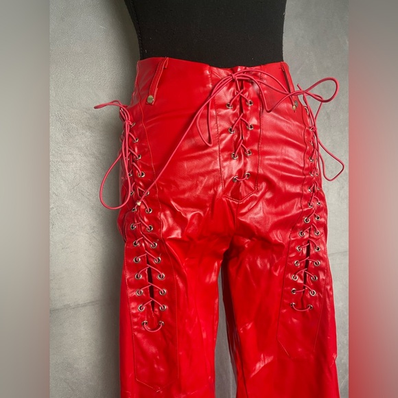 Red Lace-Up Boot Cut Pants - Picture 2 of 6